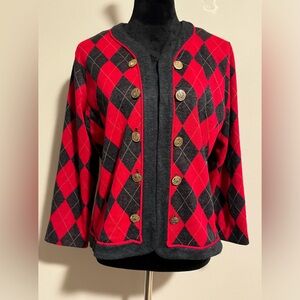 EUC Vintage Stuart Alan Petites Red and Gray Gold Button Cardigan Size 12